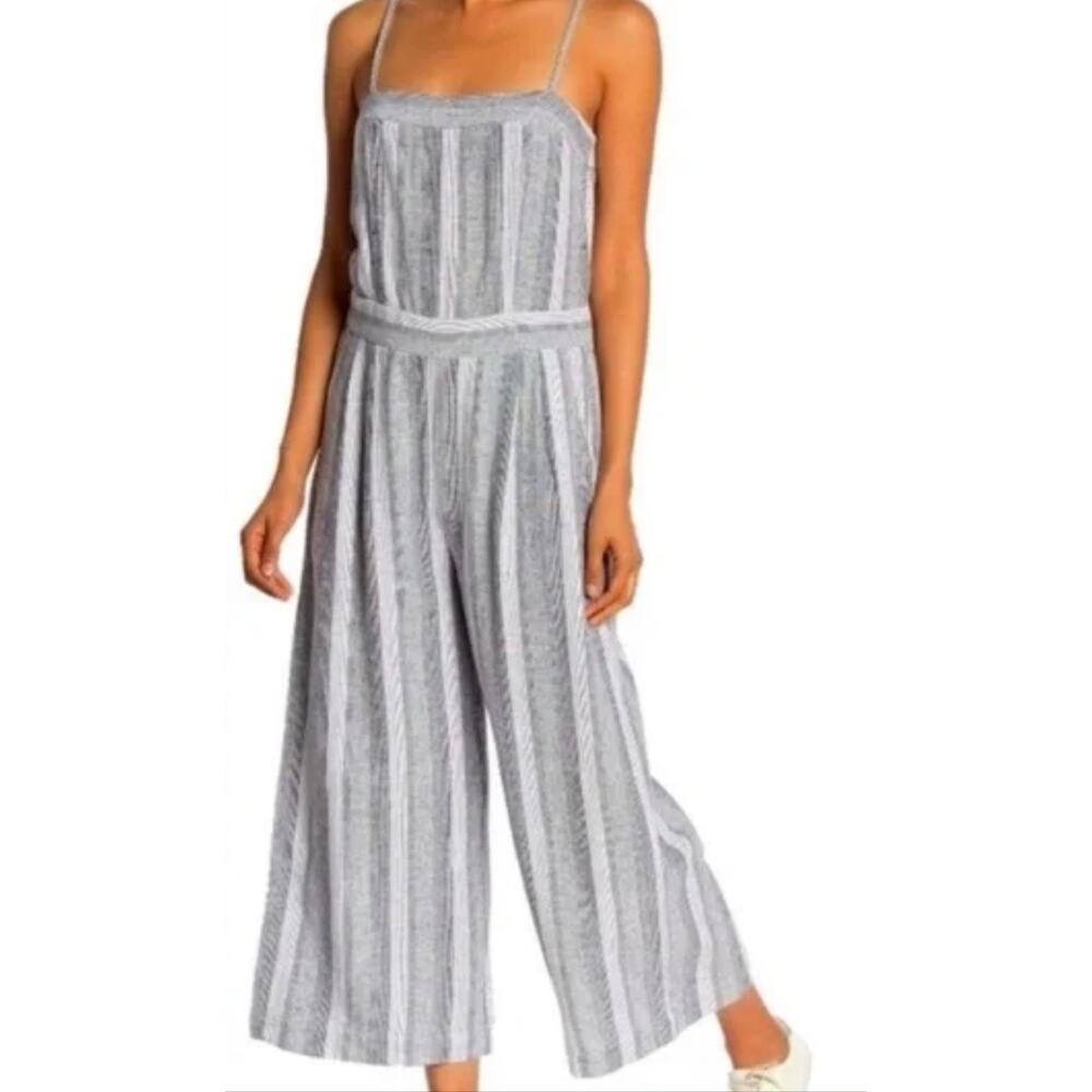 SUSINA Linen Blend Spaghetti Strap Jumpsuit Women's Size XL Black White Striped
